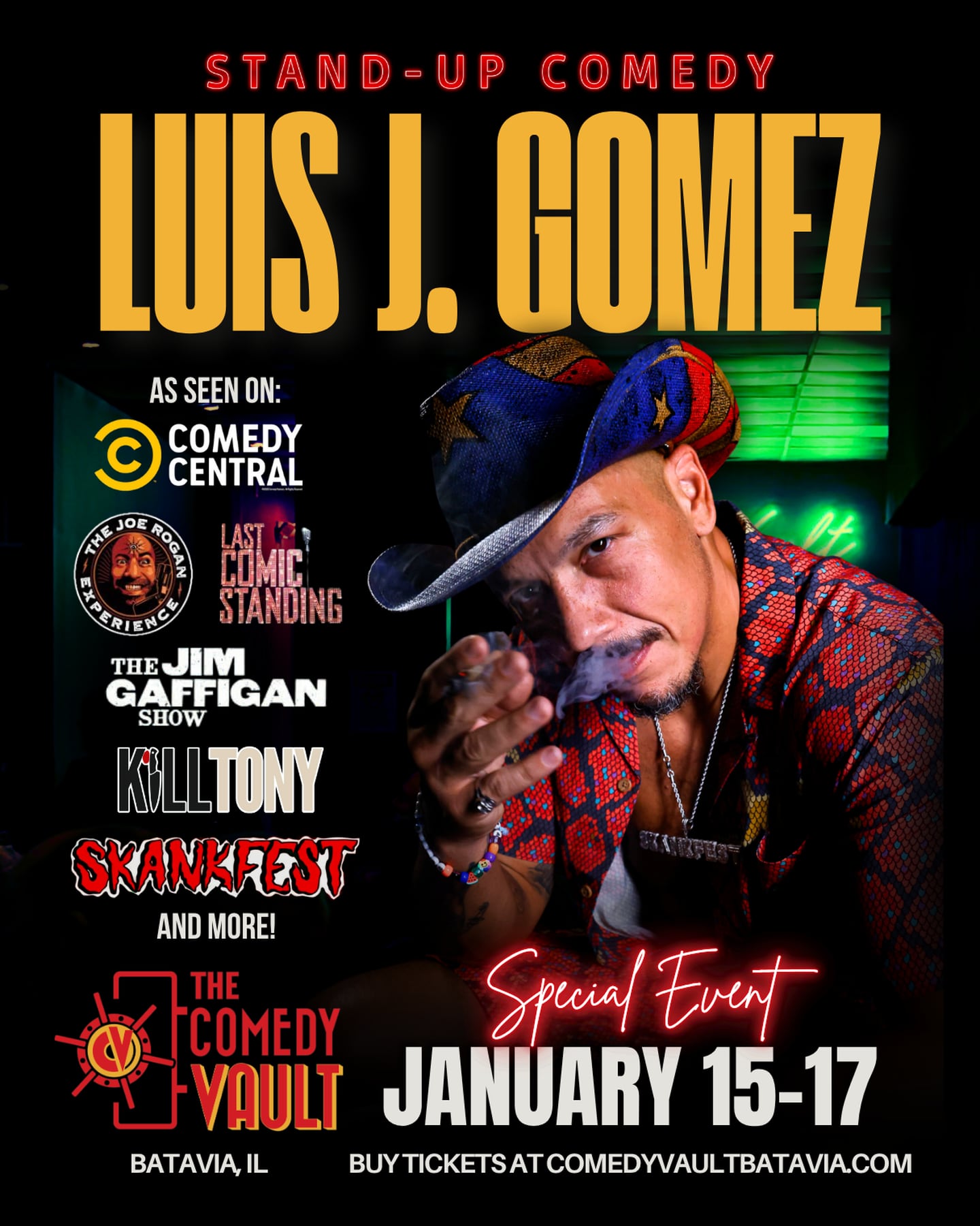 Comedian Luis J. Gomez will perform at The Comedy Vault in Batavia Jan. 15-17, 2026.