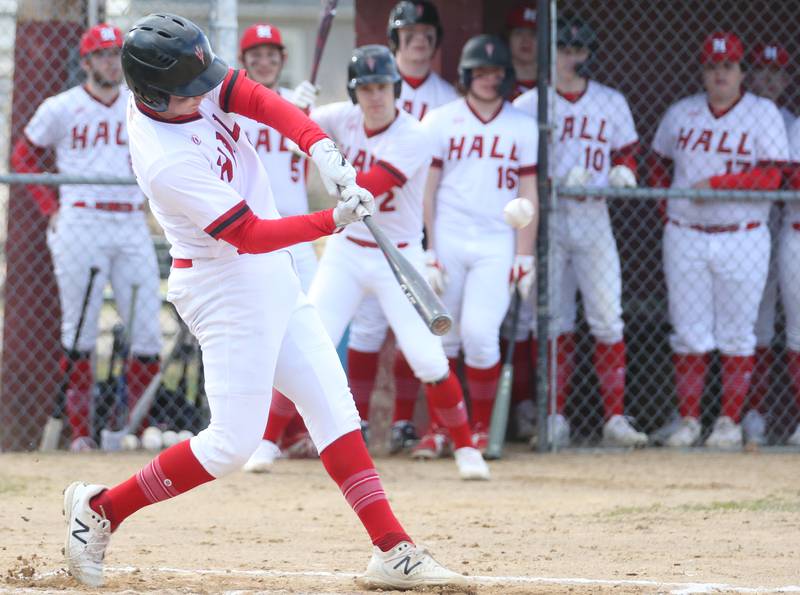 Hall's Kyler Lapp gets a hit against St. Bede on Monday, March 27, 2023 at Kirby Park in Spring Valley.