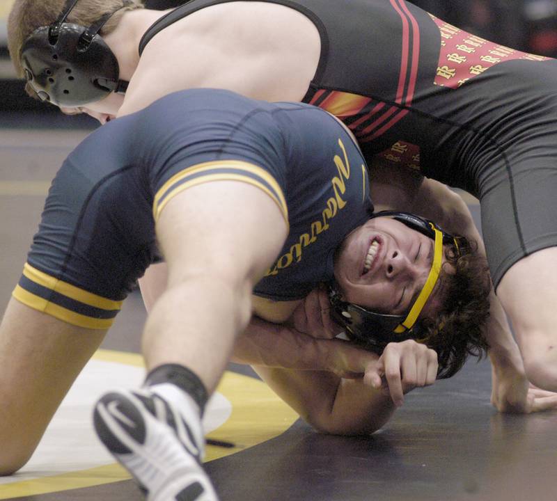 Sterling wrestler  Landon Heckman grimaces during his match. Sterling hosted the IHSA 2A Boys Regional at Sterling. The event took place on Saturday, January 31, 2026