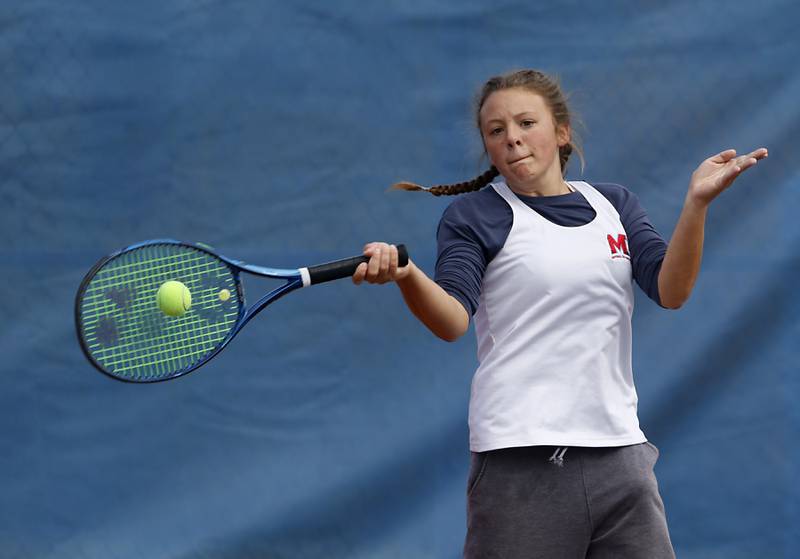 Marian Catholic’s Kaitlin returns the ball Thursday, Oct. 20, 2022, during during the first day of the IHSA State Girls Tennis Tournament at Hoffman Estates High School in Hoffman Estates.