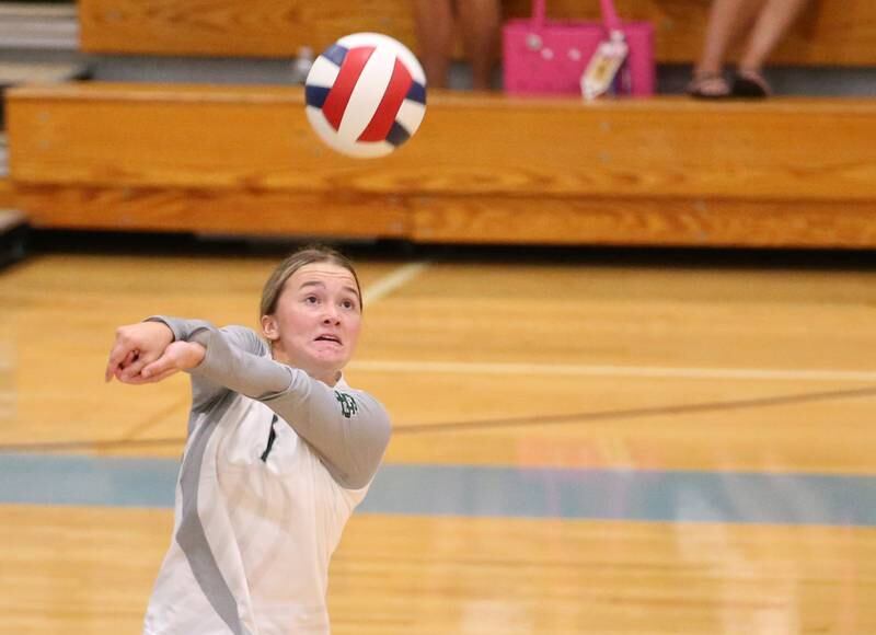 St. Bede's Ella Hermes hits the ball to the Bureau Valley side of the net on Tuesday, Sept. 5, 2023 at Bureau Valley High School.