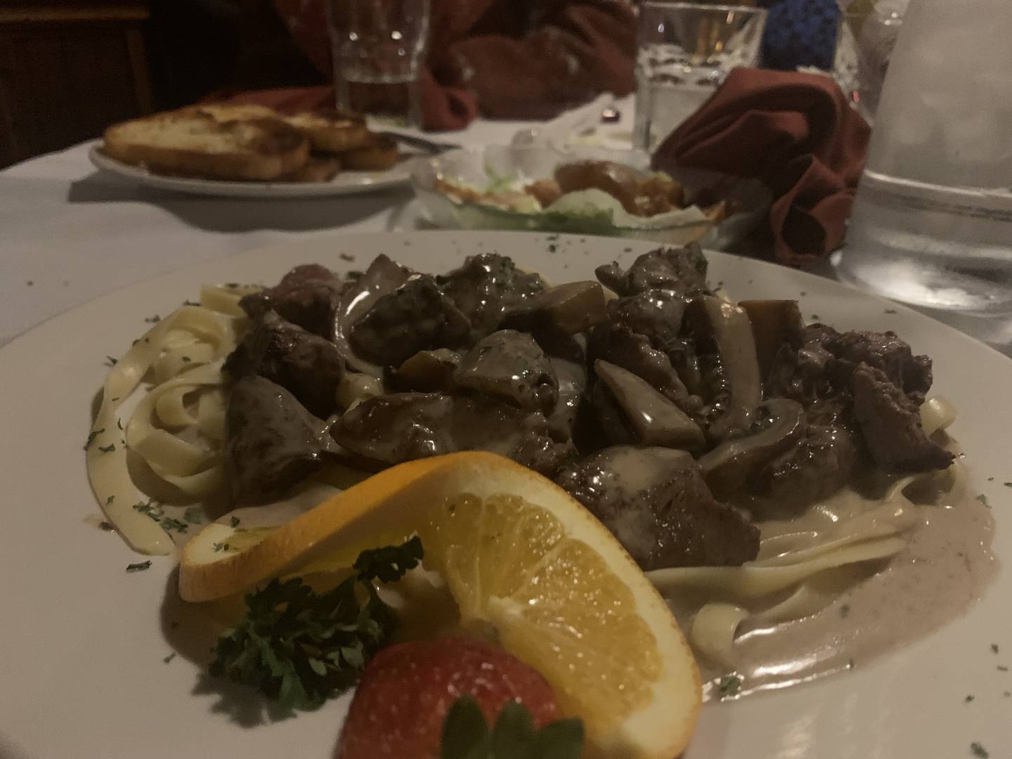 The beef tips entree at Casa-Mia in Naplate is described as filet medallions on pasta with portabella mushroom sauce.