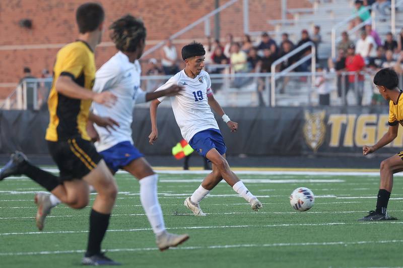 Joliet Central’s Ramon Zavala passes the ball against Joliet West on Tuesday, Oct. 3, 2023 in Joliet.