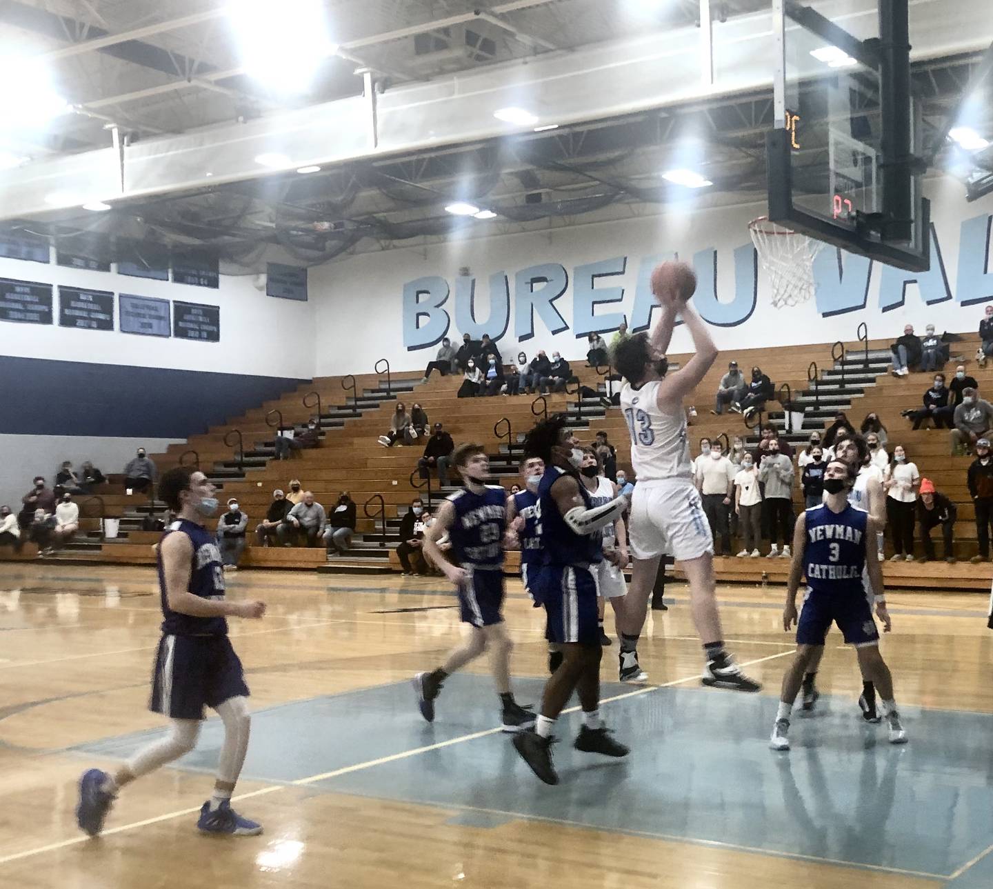 Nevin Bolin scores in the post for the Storm in the fourth quarter Wednesday night at the Storm Cellar against Newman.