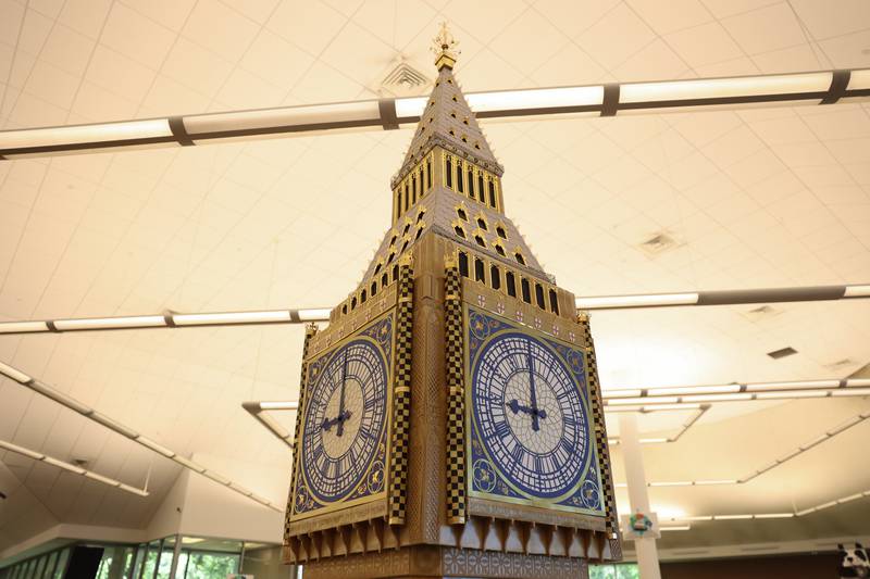 Jan Stack hand crafted the top half of the Big Ben on display at the Joliet Public Library Black Road Branch for their Travel Through the Pages summer reading program on Thursday May 30, 2024 in Joliet.