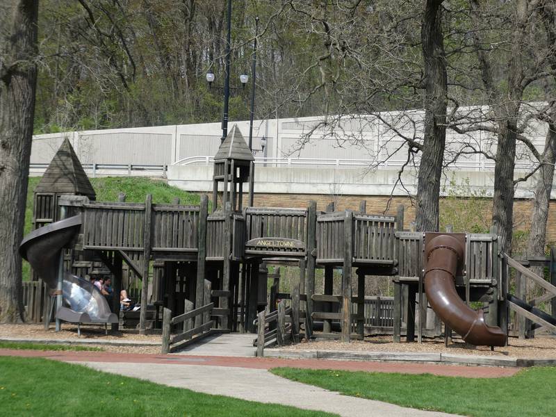 The playground in Algonquin's Towne Park, looking north towards Rt. 31. The Algonquin Historic Commission will be discussing renovations to the historic mineral springs are along the creek as part of potential park renovations that could be finalized as early as June, city planners said.