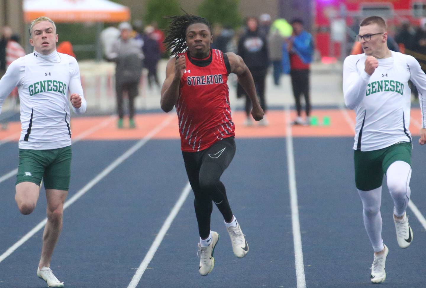 Streator's Isaiah Brown (center) wins the 100-meter dash during the Class 2A Pontiac Sectional on Wednesday, May 21, 2025, at Pontiac High School.