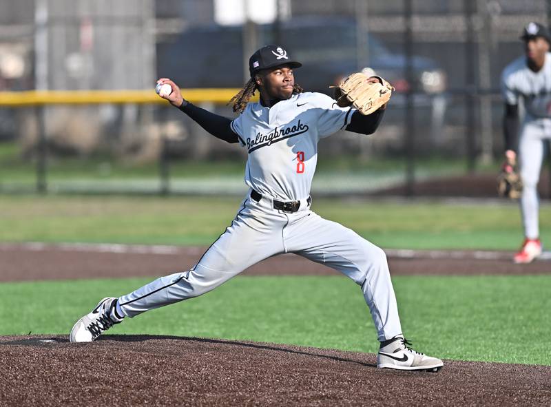 Bolingbrook's pitcher in action during the non-conference game against Joliet Central on Thursday, April. 10, 2025, at Joliet.