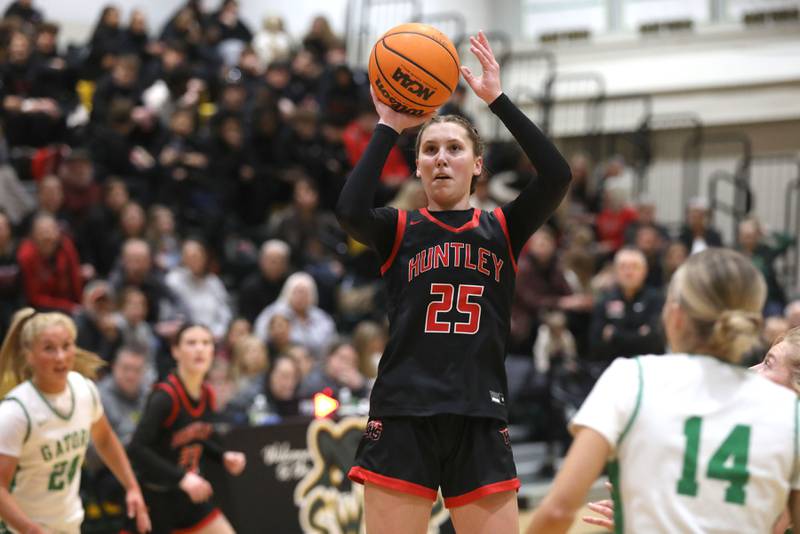 Huntley's Evelyn Freundt shoots a three-pointer during a Fox Valley Conference girls basketball game against Crystal Lake South on Friday, Jan. 30, 2026, at Crystal Lake South High School.