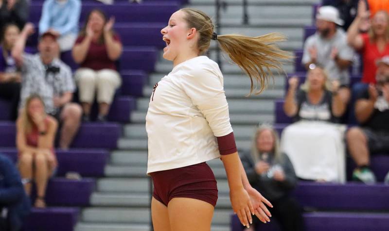 Prairie Ridge’s Tegan Vrbancic gets revved up after a Wolve point in varsity girls volleyball at Hampshire High School in Hampshire on Tuesday, Sept. 2, 2025.