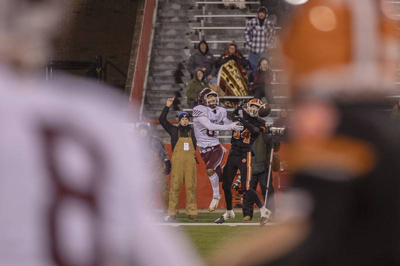 Byron’s Landon Bonvallet breaks up a pass intended for Tolono-Unity's Tre Hoggard Friday, Nov. 28, 2025, in the Class 3A football finals at Hancock Stadium at ISU.
