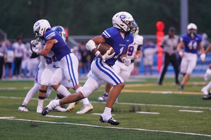 Geneva’s Talyn Taylor (1) returns a punt against Larkin during a football game at Geneva High School on Friday, Aug 30, 2024.