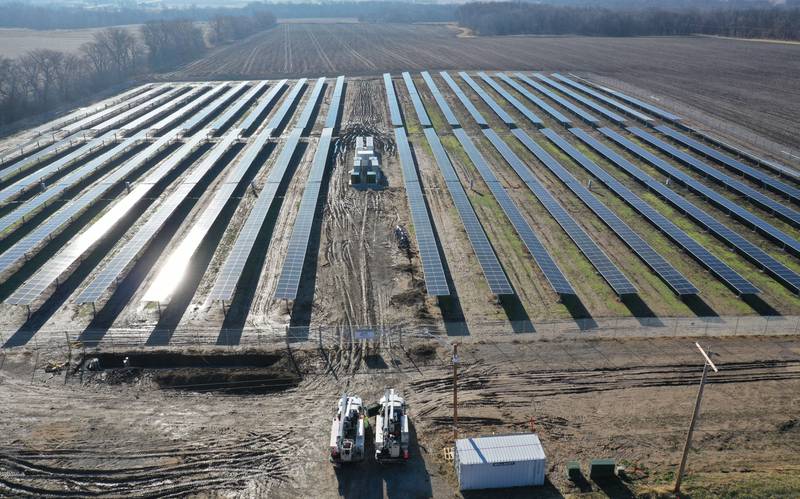 An aerial view of the solar farm located in the 9900 block of Illinois Route 71 on Friday, Jan. 9, 2026 in Granville.