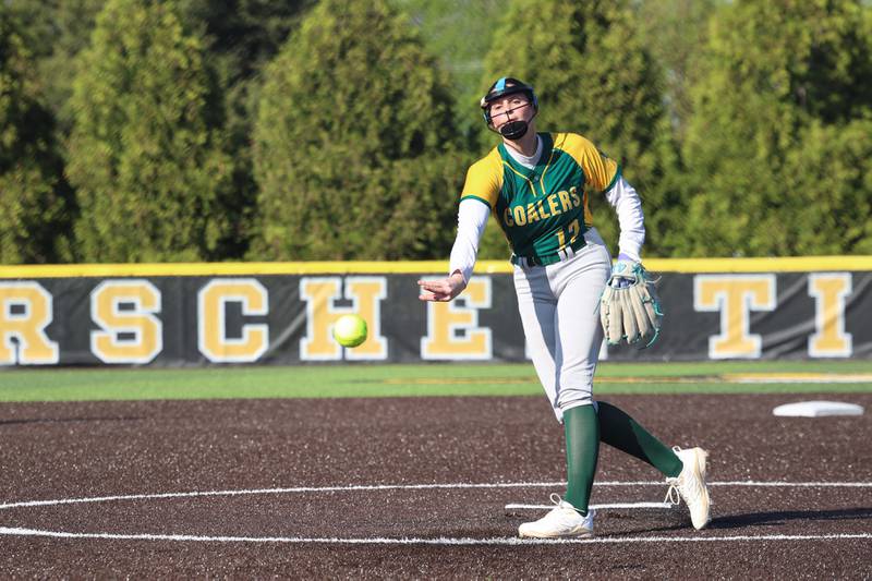 Coal City's Masyn Kuder releases a pitch during Coal City's 14-10 victory over Herscher on Monday, April 20, 2026.