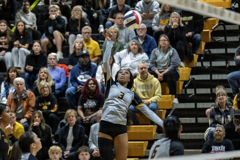 Joliet West's Na’Riah Autman gets some air during a 4A Sectional Finals varsity volleyball game against Lockport at Joliet West on Nov. 6, 2025.