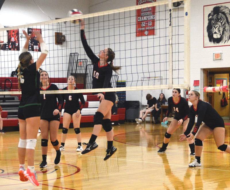 LaMoille's Olivia Sadnick makes a hit at the net against Wethersfield in Tuesday's match at Dean Madsen Gymnasium. Wethersfield won 25-10, 25-19.