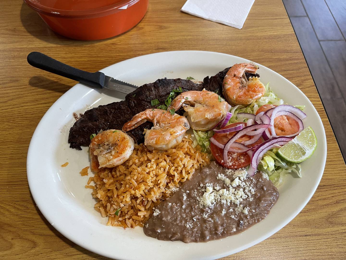 The mar y tierra, a skirt steak and shrimp with sides, makes for a great meal by itself, or for a taco with the tortillas it comes with.