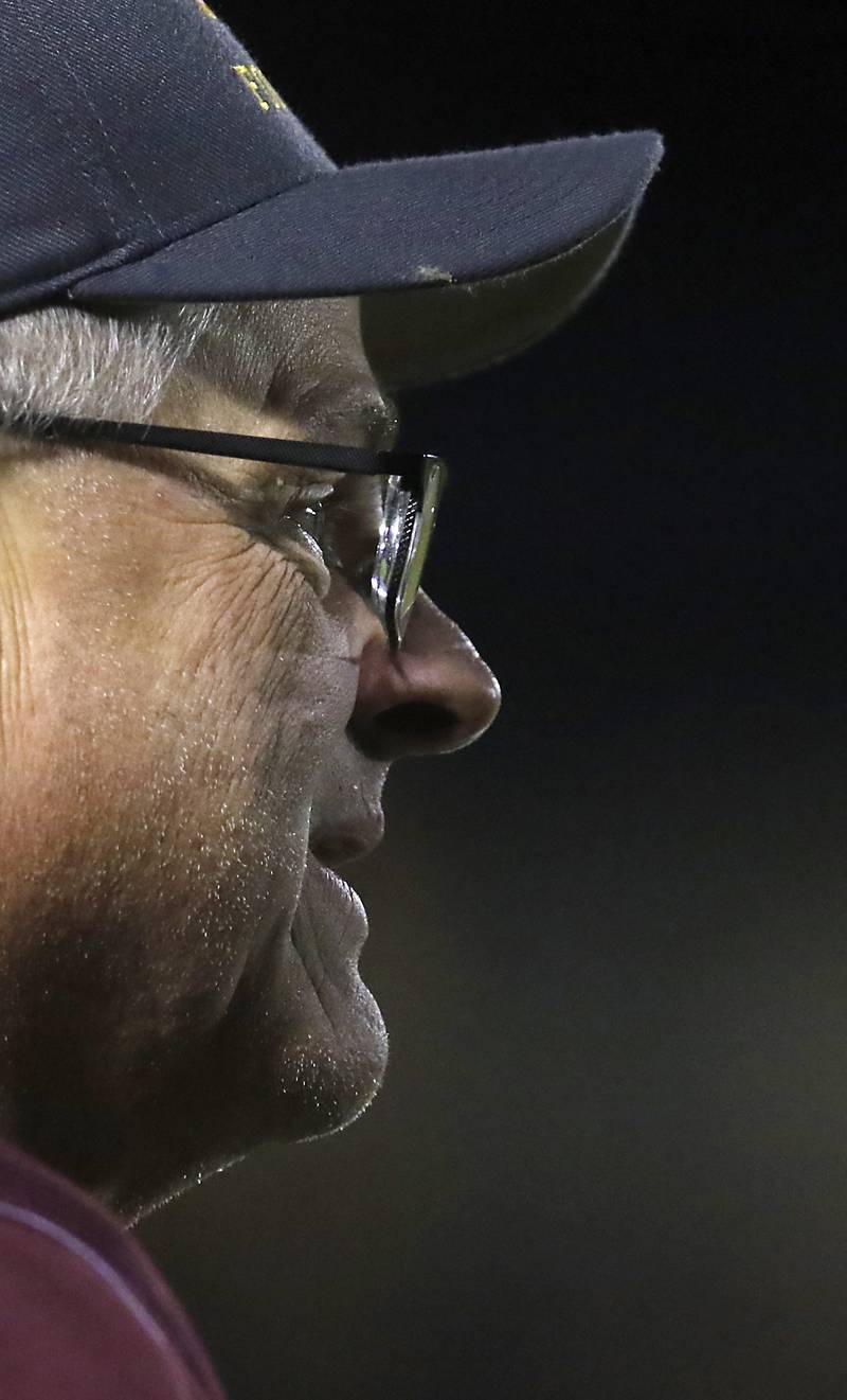 Richmond-Burton Head Coach Mike Noll watches his team play during a Kishwaukee River Conference football game on Friday, Oct.6, 2023, at Johnsburg High School.