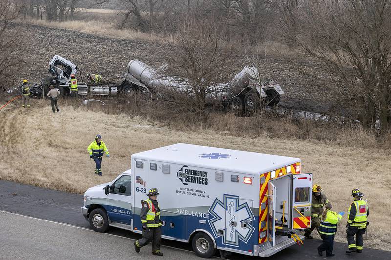 The mangled tanker sits in a cornfield along Interstate 88 on Monday, Feb. 3, 2025. One person was transported from the scene.