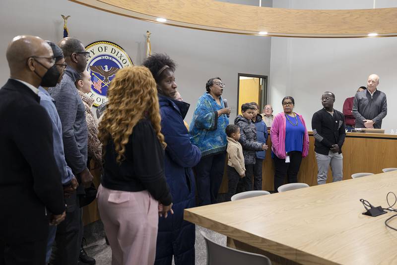 Family and friends sing the praises of Diamond Robinson, the 2023 Ike Mercer Certificate of Achievement Tuesday, Feb. 21, 2023 while attending the Dixon City Council meeting.