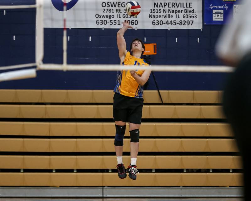 Lyons Zaccary Ruiz (11) serves during Oswego Sectional final between Downers Grove North at Lyons.  May 30, 2023.