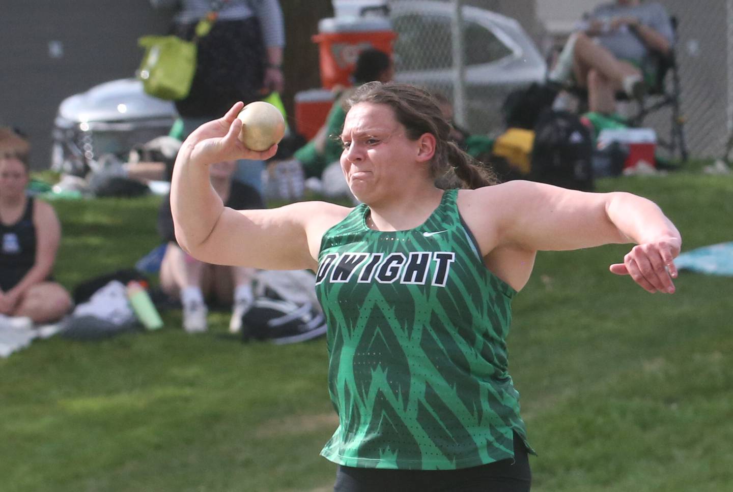 Dwight's Isabella Bunting competes in the shot put during the Class 1A Sectional track meet on Thursday, May 15, 2025 at Seneca High School.
