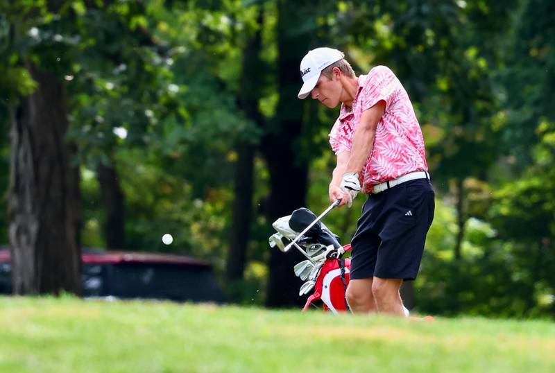 Hall's Luke Bryant hits the ball during the Three Rivers Conference Tournament on Tuesday, Sept. 23, 2025 at Chapel Hill Golf Course in Princeton.