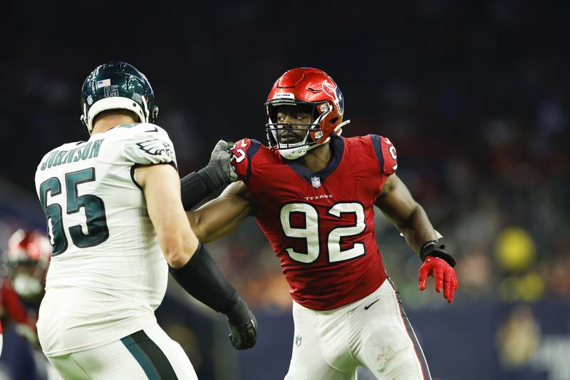 Former Houston Texans defensive lineman Rasheem Green rushes against Lane Johnson during a game against the Philadelphia Eagles during the 2022 season.
