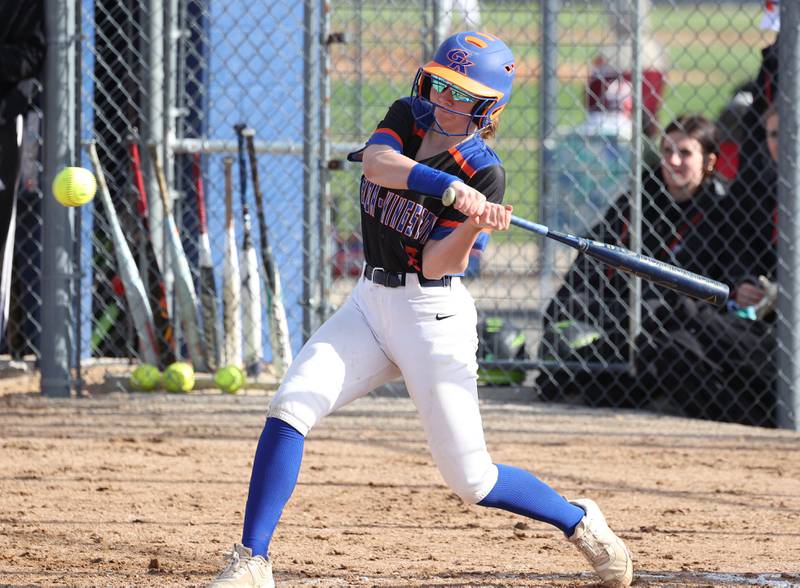 Genoa-Kingston’s Lyla McKee takes a cut during their game against Winnebago Monday, April 21, 2025, at Genoa-Kingston High School.