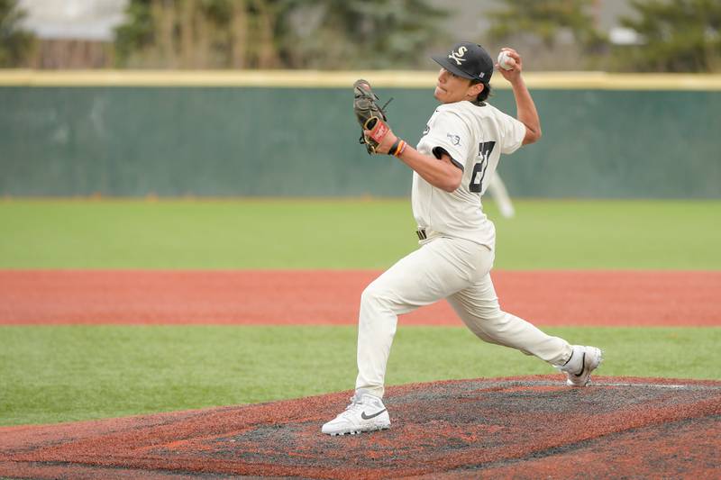 Streamwood's Isaiah Shafi (27) pitches against Marengo during a game on Monday, March 25, 2024 in Carol Stream.