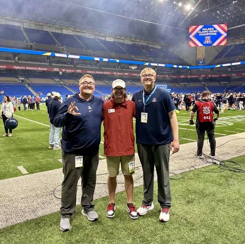 Three former Princeton Tiger teammates Branden Haring (from left), Kaleb Cain and Caleb Haring met up at the Alamo Bowl in San Antonio, Texas. Cain is an equipment manager for Oklahoma and the Haring brothers are  equipment managers for Arizona.