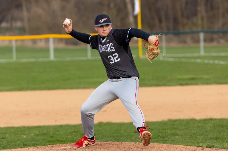 Brayden Matsko (32) of Streator/Woodland pitches on Thursday, April 10, 2025 at St. Bede High School in Peru.