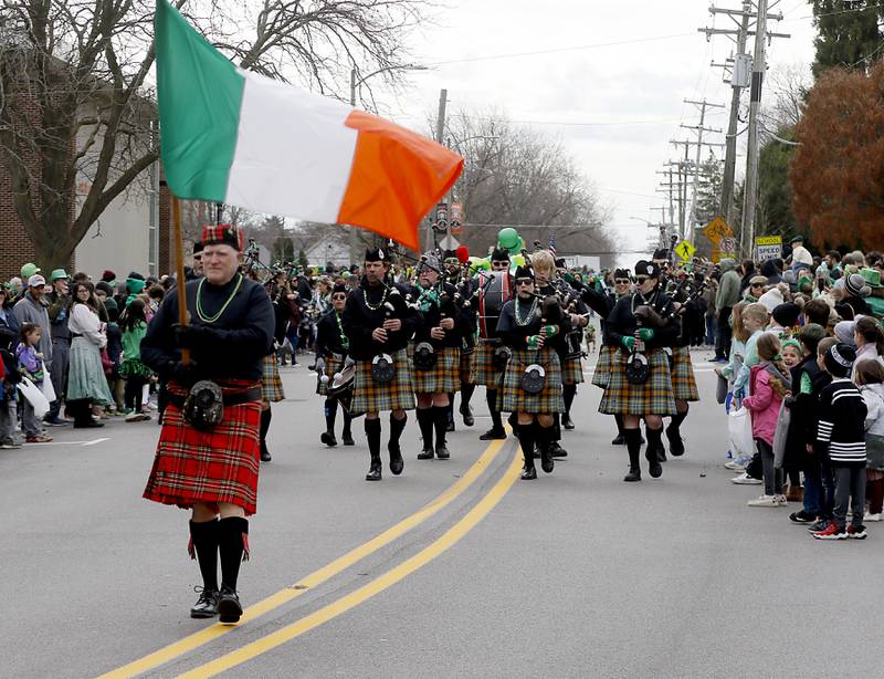 Members of the Dundee Scottish Pipe Band during the McHenry ShamROCKS the Fox Festival Parade on Saturday, March 16, 2024.