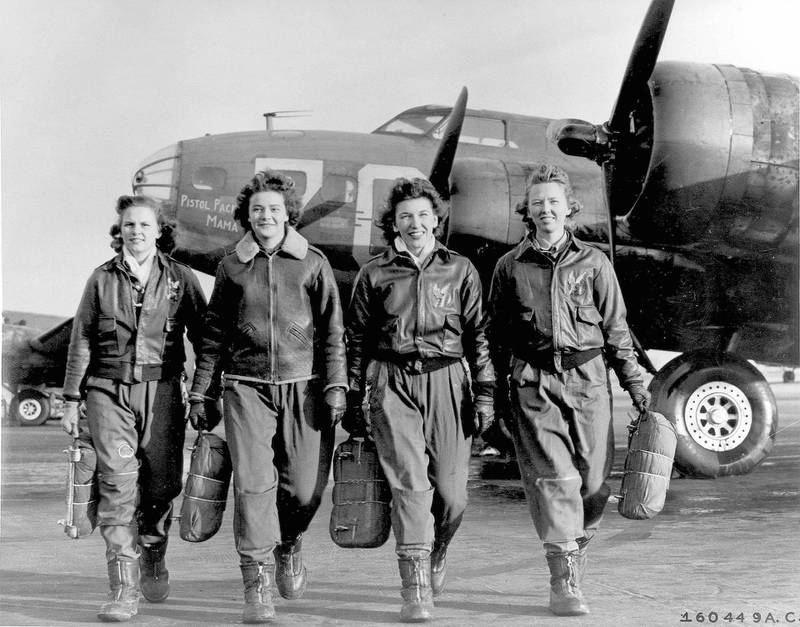 Women Airforce Service Pilots (from left) Frances Green, Margaret Kirchner, Ann Waldner and Blanche Osborn leave their B-17 with parachutes in hand at Lockbourne Army Air Force base in Ohio in 1944.