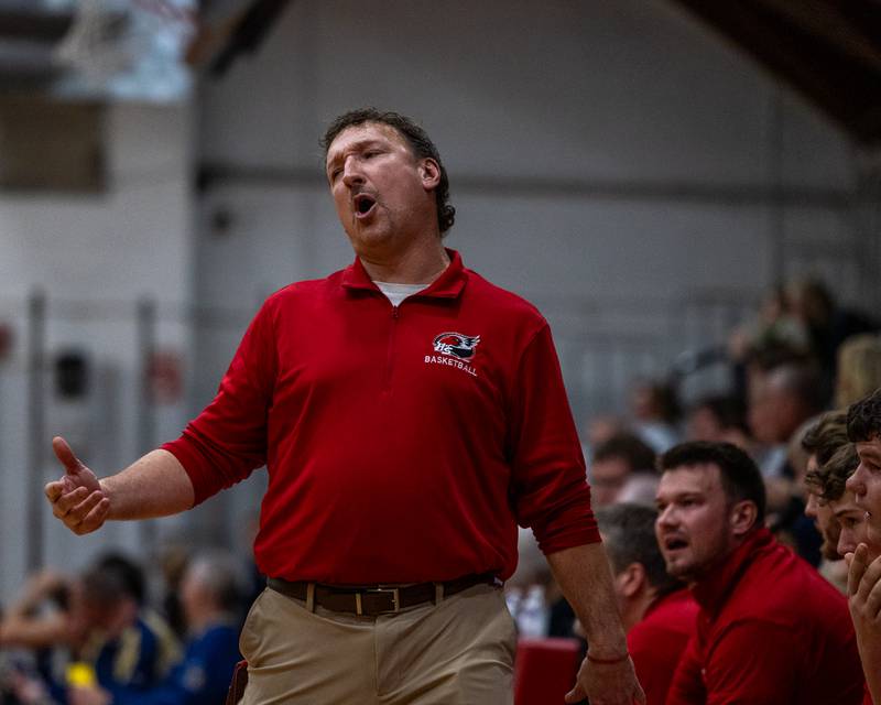 Henry-Senachwine's Head Coach Randy Westerdahl reacts to Official's call on Friday, Feb. 13, 2026 at Henry-Senachwine High School in Henry.