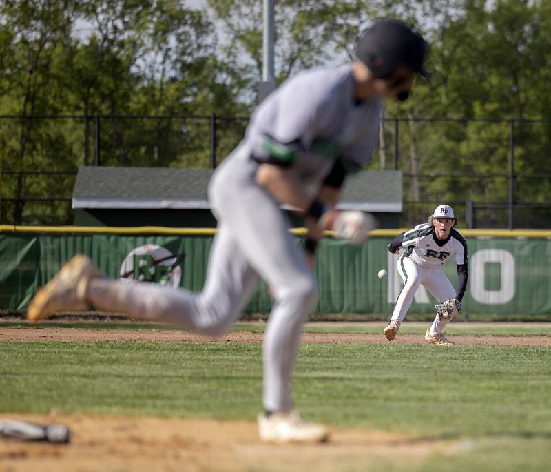 Rock Falls’ Carter Hunter fields a ball at third for an out against North Boone Tuesday, April 28, 2026.