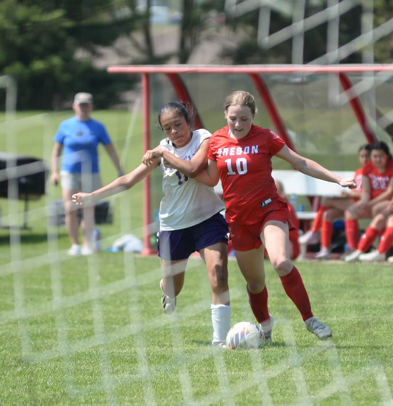 Oregon's Shaylee Davis (10) heads toward the goal as Rochelle's Martha Landa gives chase on Saturday, May 10, 2025 at Oregon Park West.