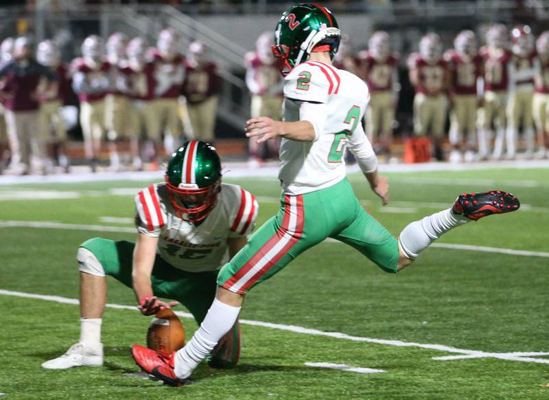 L-P's Seth Adams (2) kicks a field goal giving the Cavaliers their only points of the game against  Morris during the Class 5A round one football game on Friday, Oct. 28, 2022 in Morris.