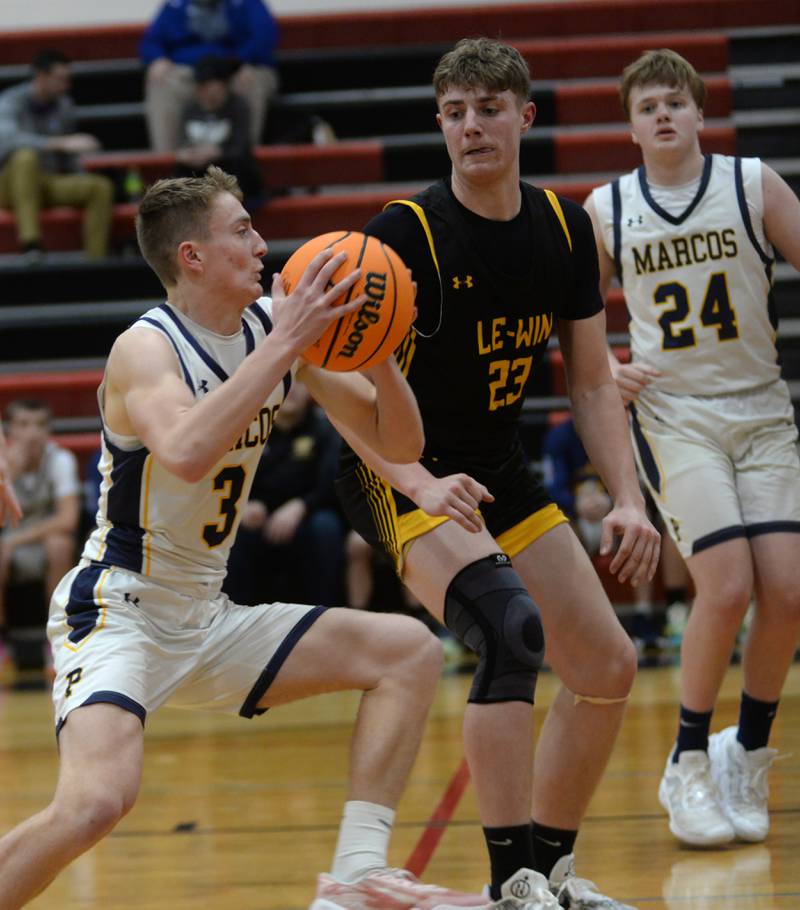 Polo's Gage Zeigler (3) drives to the basket against Lena-Winslow on Wednesday, Dec. 18, 2024 at the 63rd Annual Forreston Holiday Tournament.