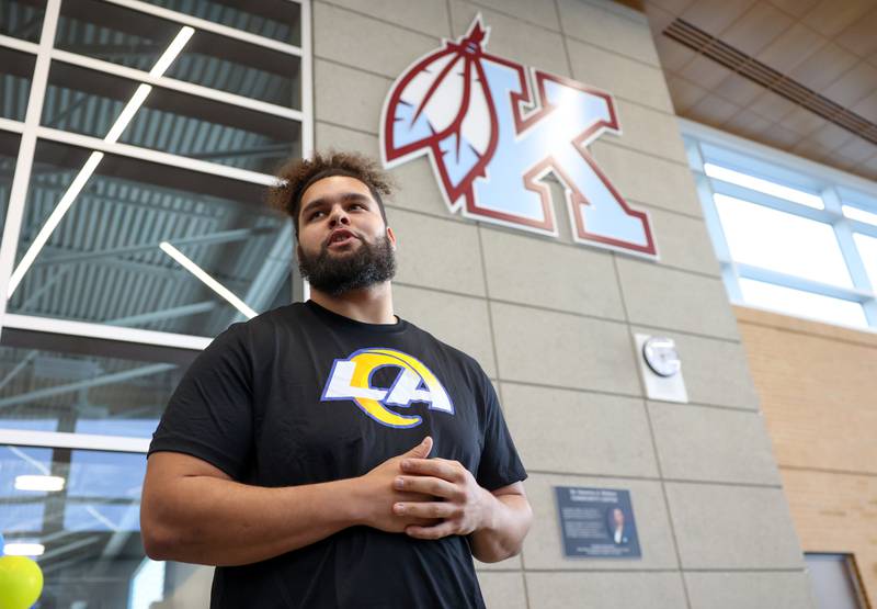 Keagen Trost, a 2019 Kankakee High School grad, speaks to the crowd during a celebration held for him at the school on May 4, 2026, following him being drafted into the NFL to the Los Angeles Rams.