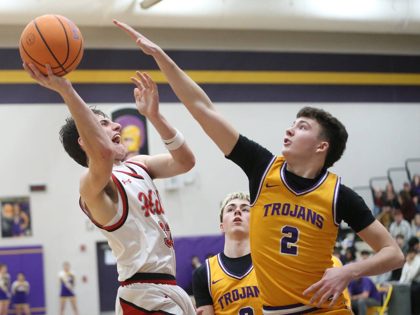 Hall's Braden Curran eyes the hoop as Mendota's Drew Becker defends on Tuesday, Feb. 3, 2026 at Mendota High School.