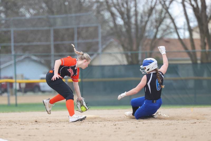 Central's Lia Prairie slides into second as Gardner-South Wilmington's Ella Mack looks to tag her during the Comets' 9-2 victory over Gardner-South Wilmington on Tuesday, April 22.