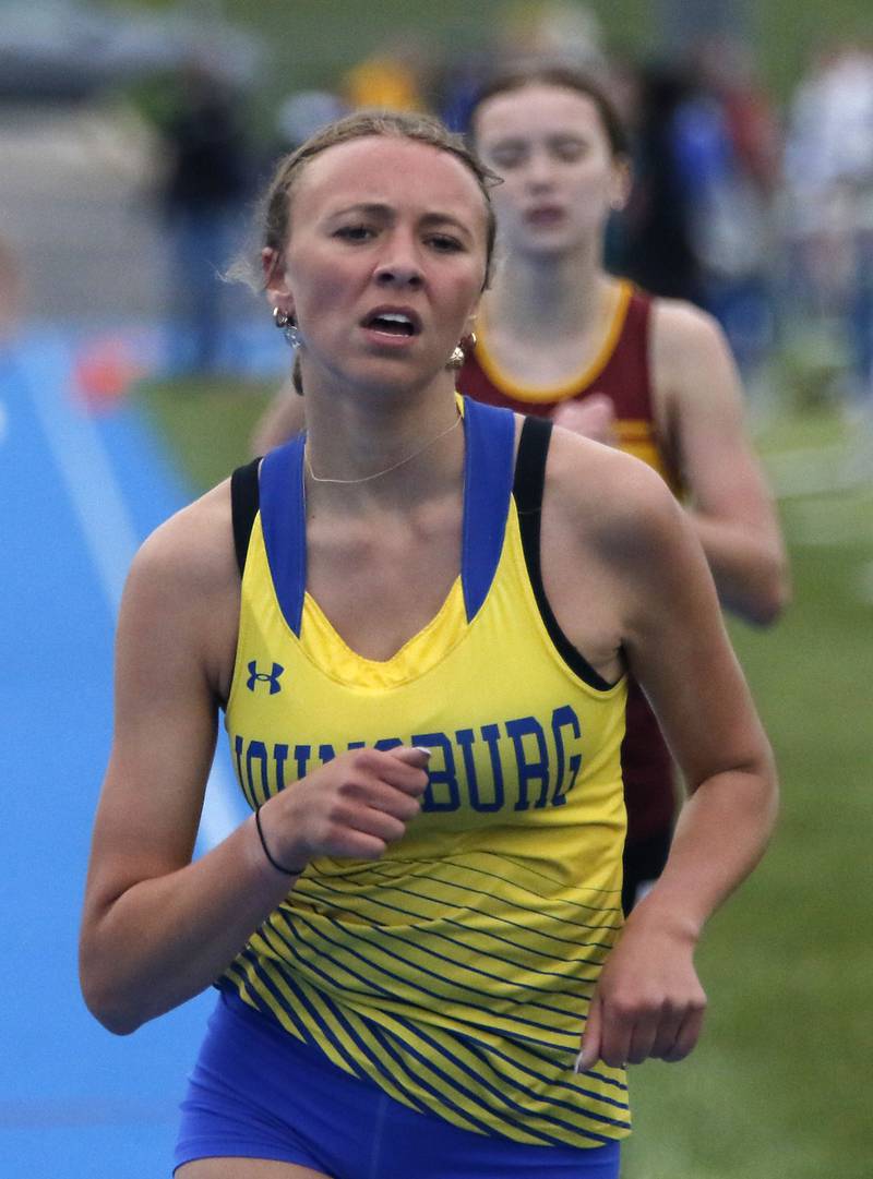 Johnsburg’s Clara Nicoline wins the 3200 meter run during  the Kishwaukee River Conference Girls Track and Field Meet on Tuesday, May 5, 2025, at Woodstock High School.
