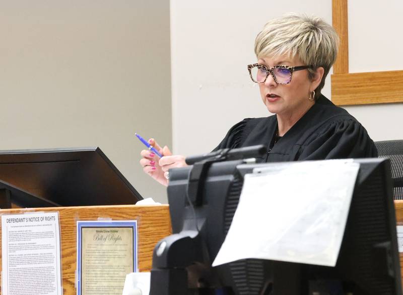 La Salle County Judge Michelle Vescogni ltalks to Logan Petre before removing him from the courtroom on Monday, Nov. 24, 2025 at the La Salle County Government Complex in