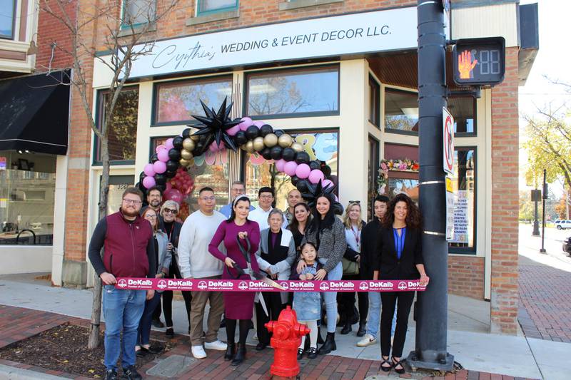 The DeKalb Chamber of Commerce celebrating Cynthia’s Wedding and Event Decor LLC's opening