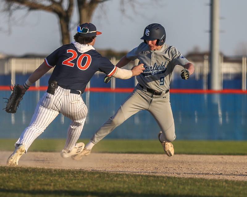 Plainfield South's Nicolas Uresti (9) is caught in a rundown between first and second during baseball game between Plainfield South at Oswego on Monday, April 14, 2025 in Oswego.
