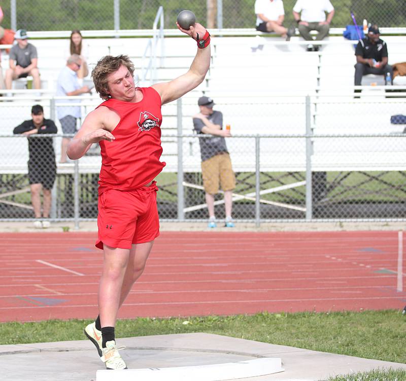 Ottawa's Michael Mills throws throws shot put during the I-8 Boys Conference Championship track meet on Thursday, May 11, 2023 at the L-P Athletic Complex in La Salle.