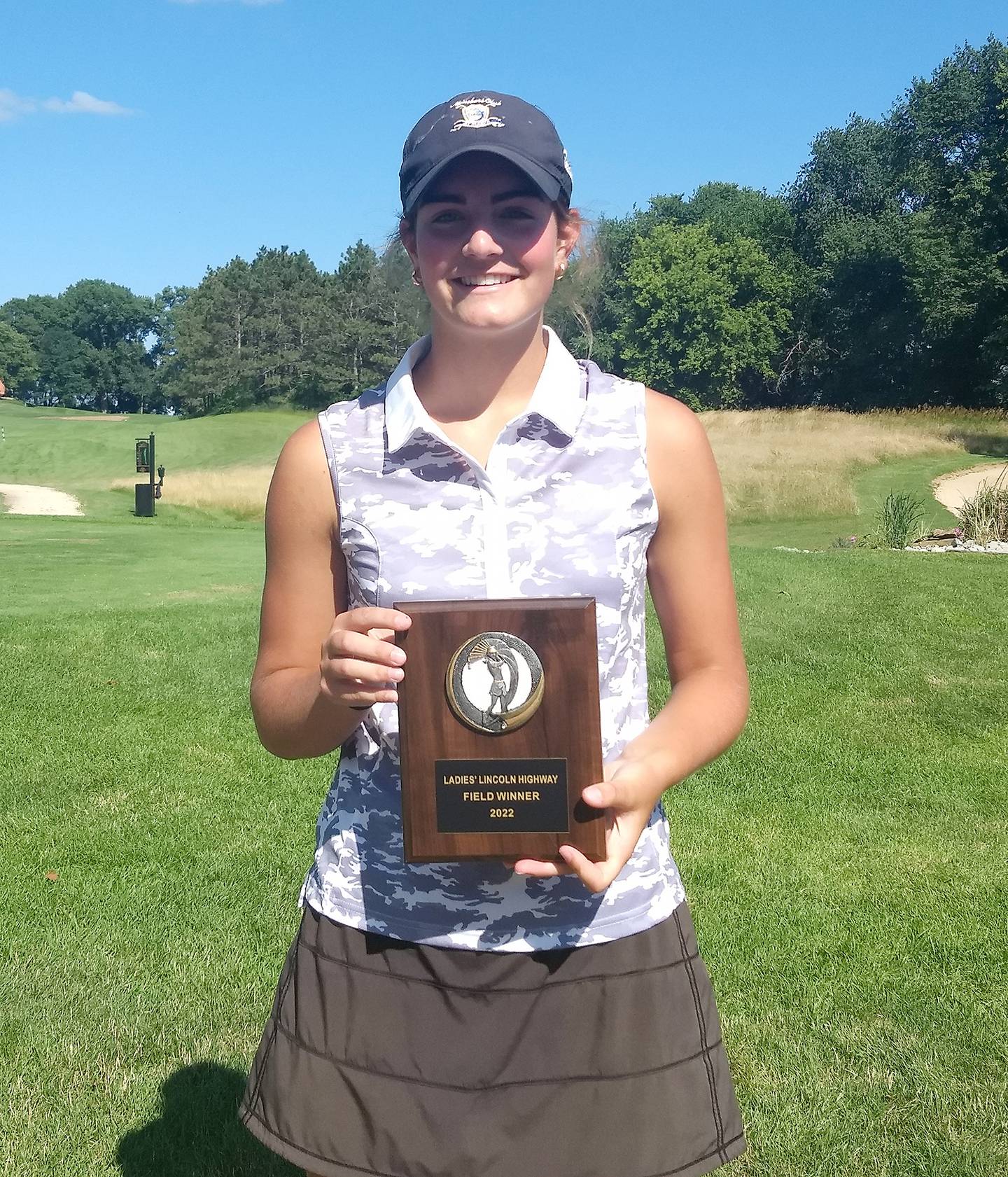 Kishwaukee's Katherine Marshall poses with the medalist plaque after winning the individual title at the 99th Women's Lincoln Highway Tournament on Saturday, July 9, 2022, at Deer Valley Golf Club in Deer Grove.