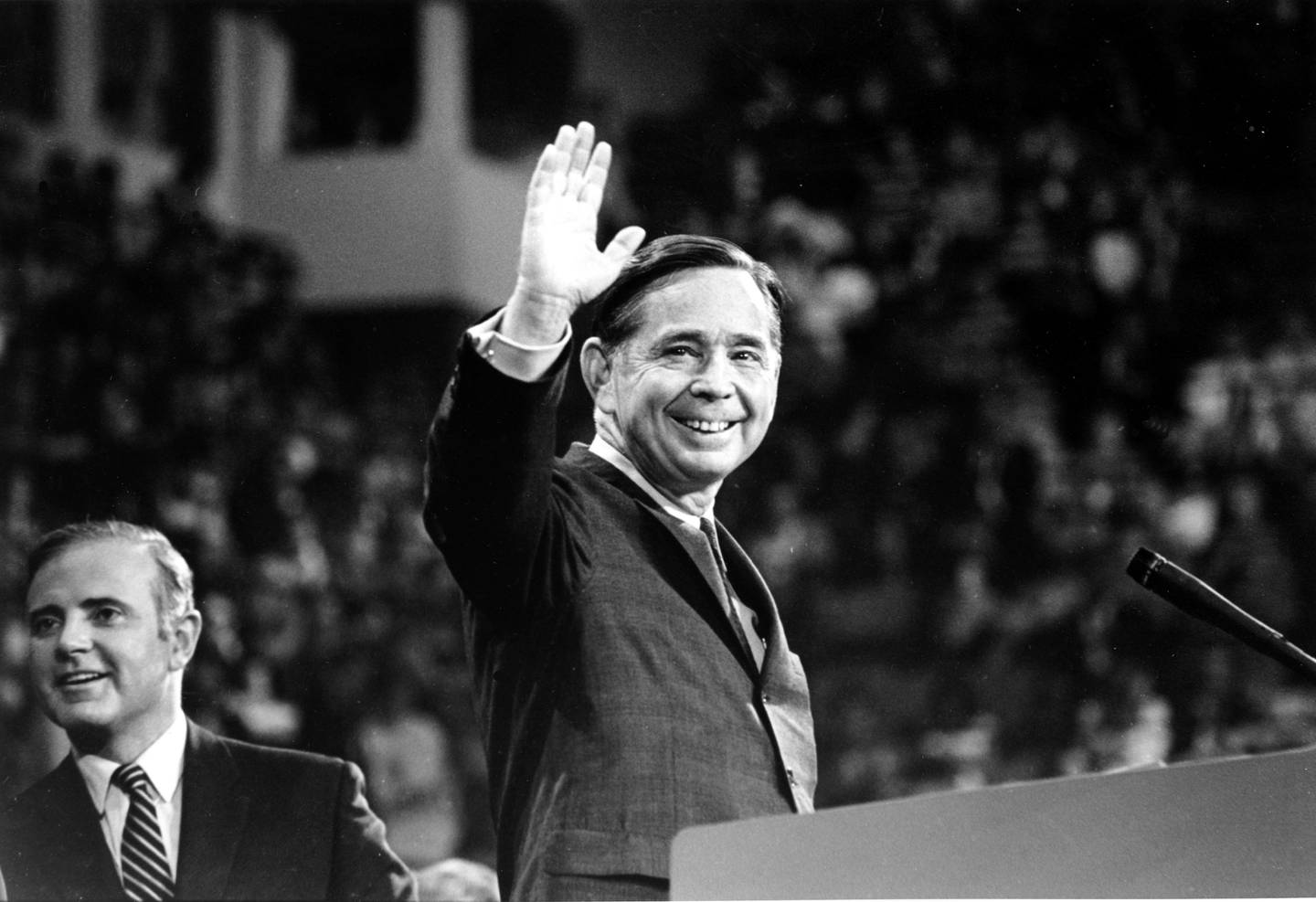 Rep. Carl Albert of Oklahoma, permanent chairman of the Democratic National Convention in Chicago, gives his delegates a wave as he takes the podium in Chicago on Aug. 27, 1968.