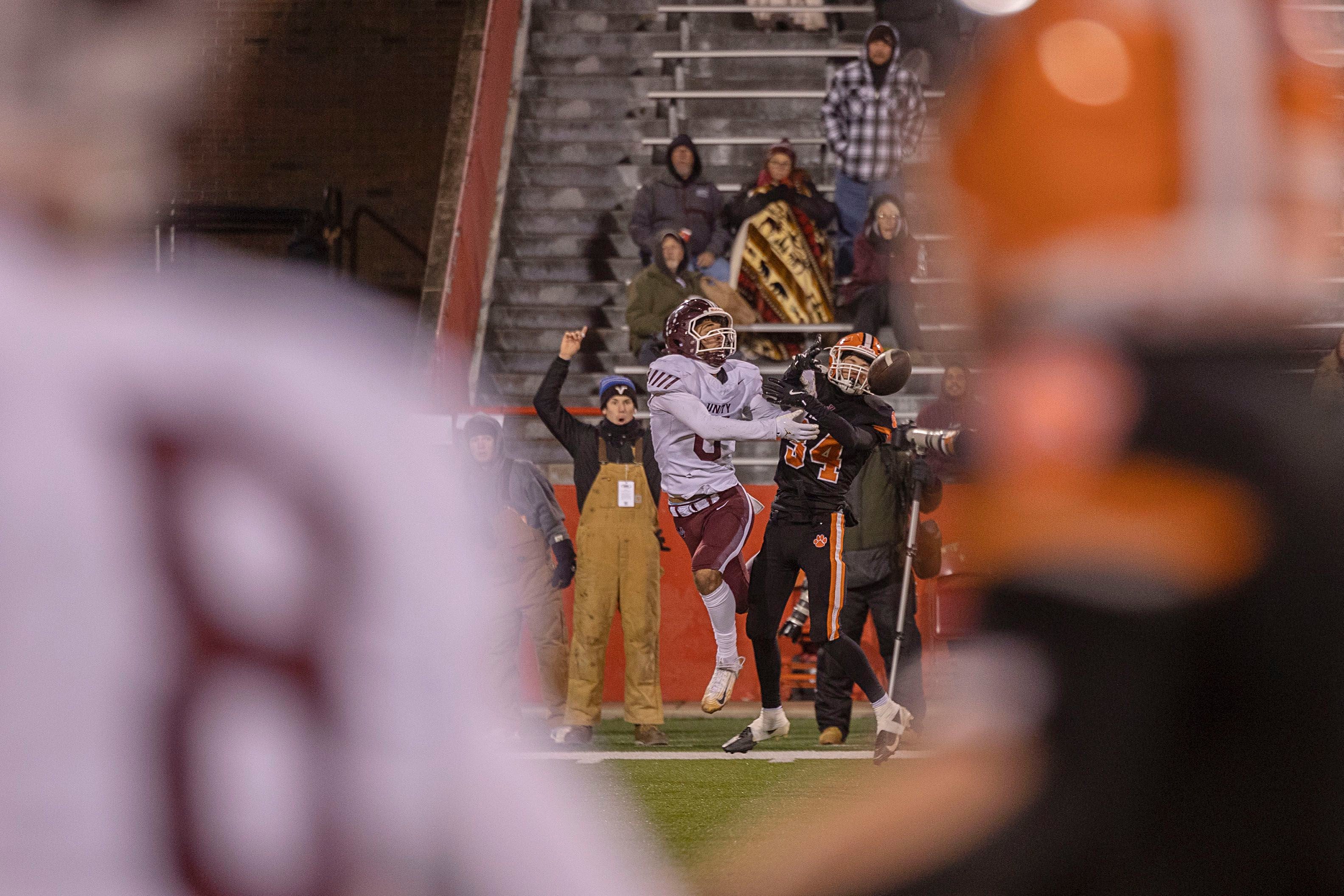 Byron’s Landon Bonvallet breaks up a pass intended for Tolono-Unity's Tre Hoggard Friday, Nov. 28, 2025, in the Class 3A football finals at Hancock Stadium at ISU.